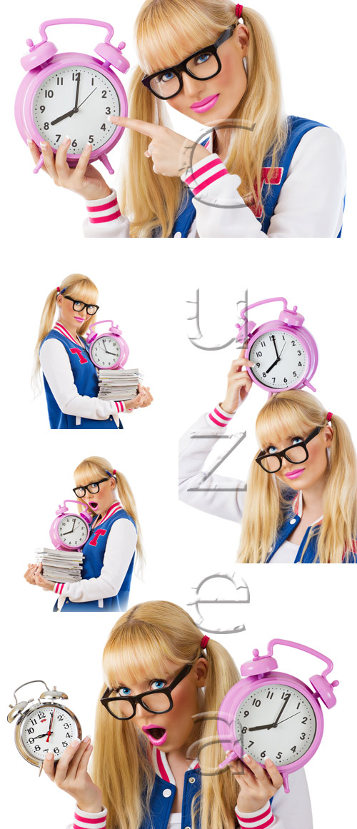     / Beautiful student girl with clock - stock photo