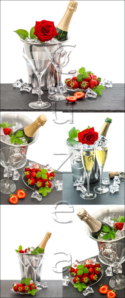 Festive arrangement with bottle of champagne and strawberries - stock photo