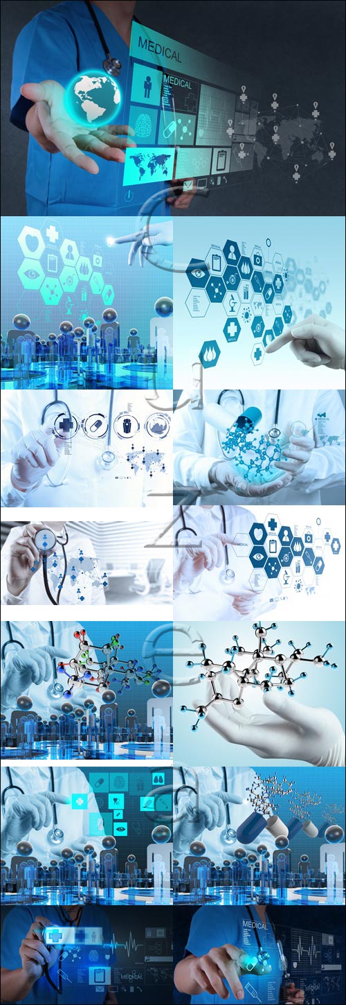 Scientist doctor hand touch virtual molecule - stock photo