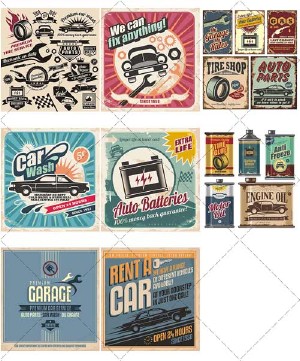       | Old-fashioned posters of sixties for auto shop, 