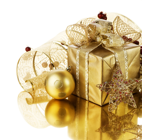 Новогодние подарки золотистого цвета,фотосток,растровый клипарт