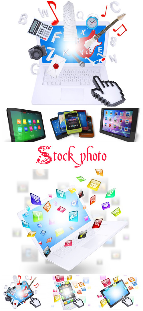 Smartphone, tablet and computer with application icons - stock photo