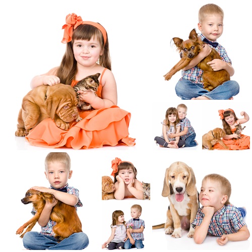 Children and animals on white background - stock photo
