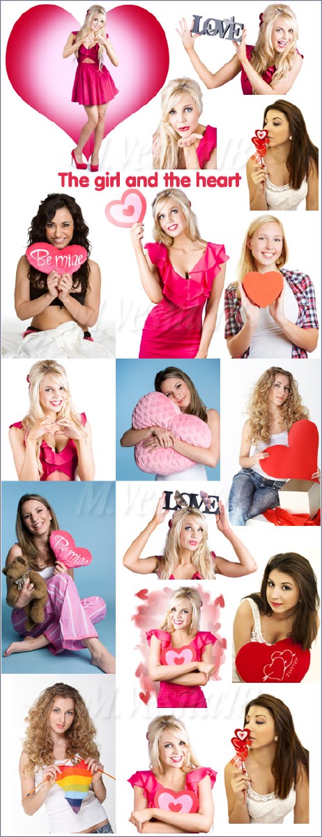 ,      ,   /The smiling, romantic girls with a heart in his hands, raster clipart