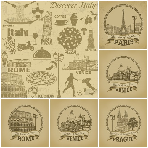 Travel labels with famous town - vector stock