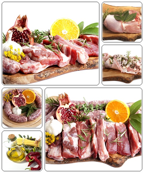 Fresh meat  and sausage with orange and pomegranate - Stock Photo