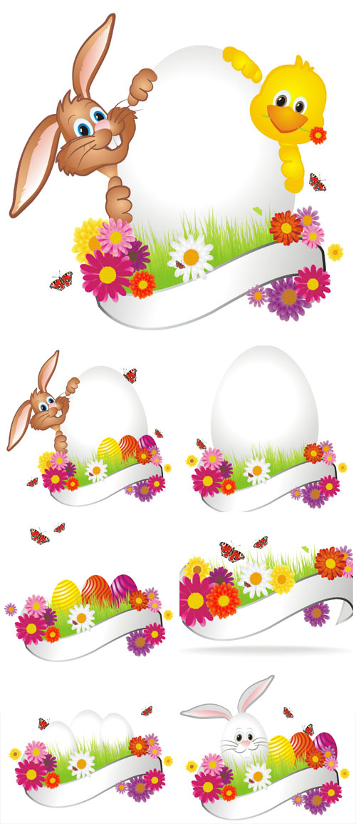 Funny easter bunny and flowers vector 6