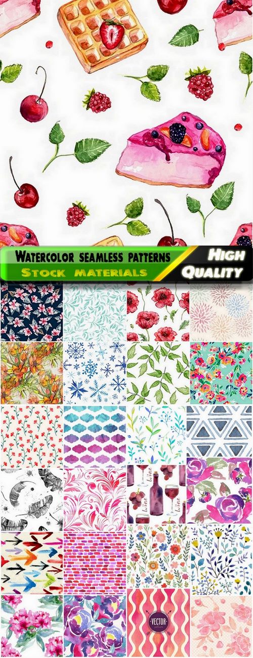 Cute watercolor seamless floral and other patterns - 25 Eps