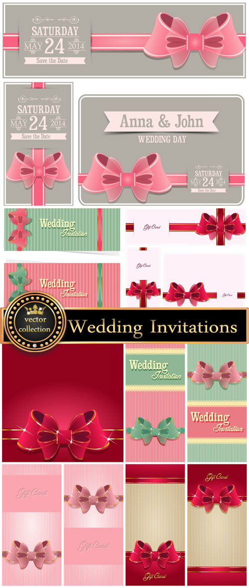 Wedding Invitations with ribbons, vector backgrounds