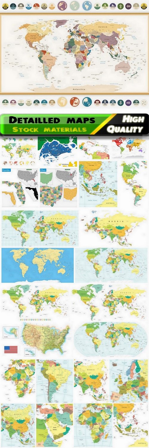 Detailed maps of the world and continents - 25 Eps