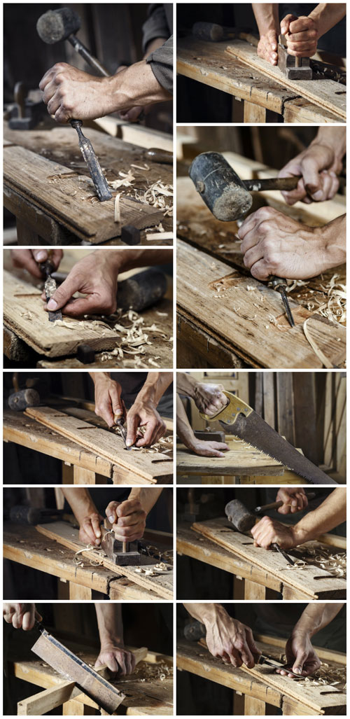 Carpenter, working with a chisel and hammer